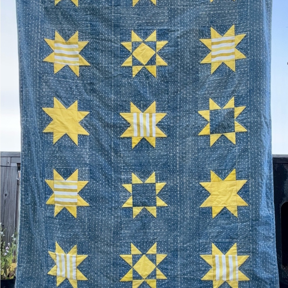 Blue and Yellow Sawtooth Star Pattern Quilt